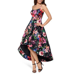 Xscape Women's Sleeveless Floral-Print High-Low Dress In Black Multi Size 12